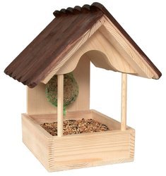 Drewniany karmnik dla dzikich ptaków z miejscem na kulę tłuszczową Klasyczny karmnik
