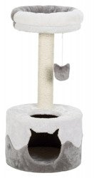 Ciekawy drapak pionowy dla kota z okrągłą budką, słupkiem i legowiskiem